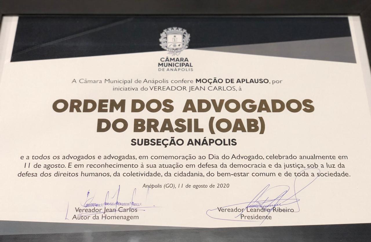OAB ANÁPOLIS recebe moção de aplauso da Câmara Municipal de Anápolis (11/08/2020)