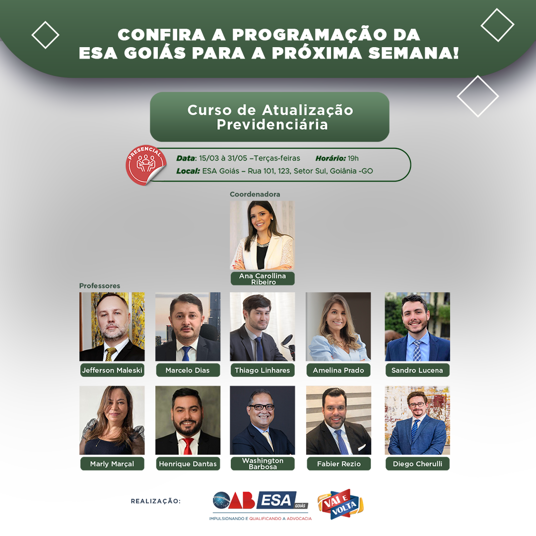 Confira a programação da ESA Goiás para a próxima semana! (14 a 18/03)