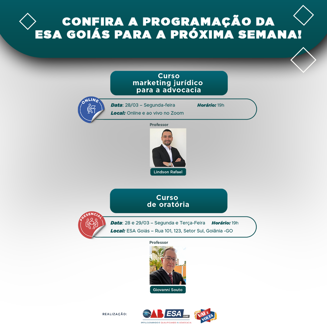 Confira a programação da ESA Goiás para a próxima semana! (28 a 30/03)