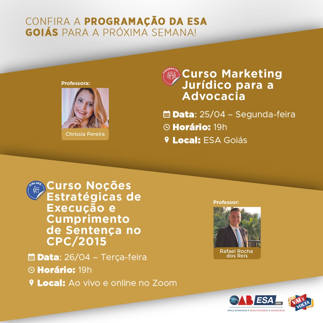 Confira a programação da ESA Goiás para esta semana! (25 a 29/04)
