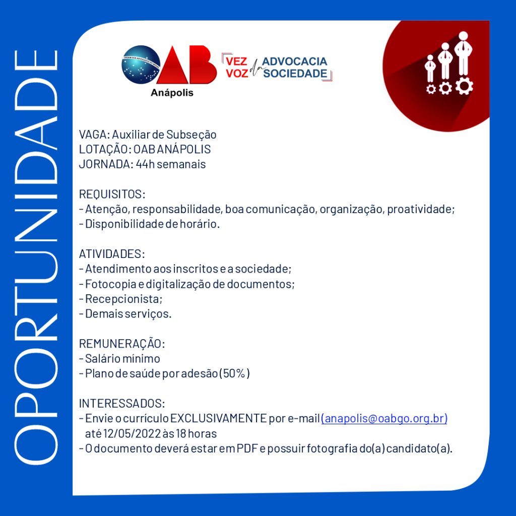 OAB Anápolis abre vaga de emprego