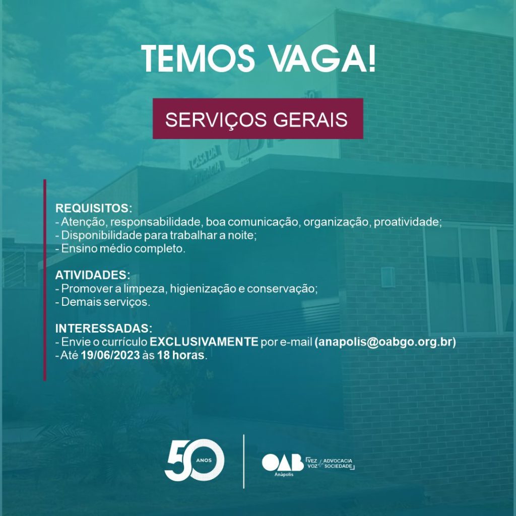 OAB Anápolis abre vaga de emprego