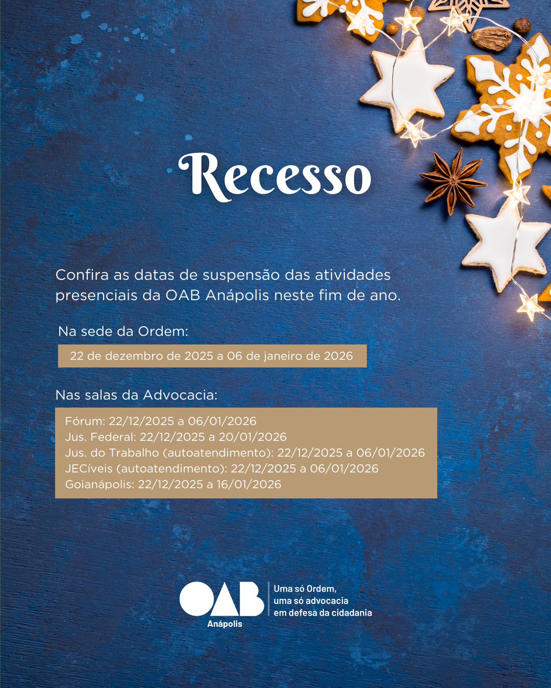 📢 Recesso de fim de ano – OAB Anápolis
